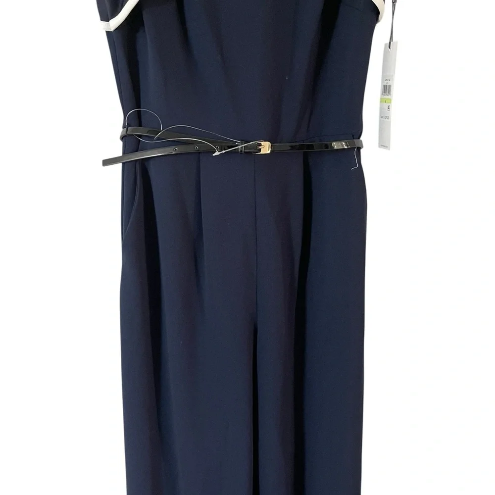 NWT Calvin Klein Navy White Accents Belted Wide Leg Jumpsuit  Women Size 4 - Picture 5 of 9